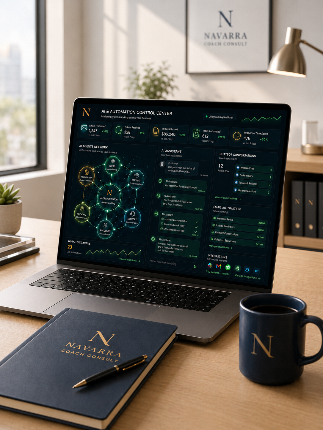 AI automation dashboard showing connected systems, agents, chatbots, emails, sales, service, accounts and invoices