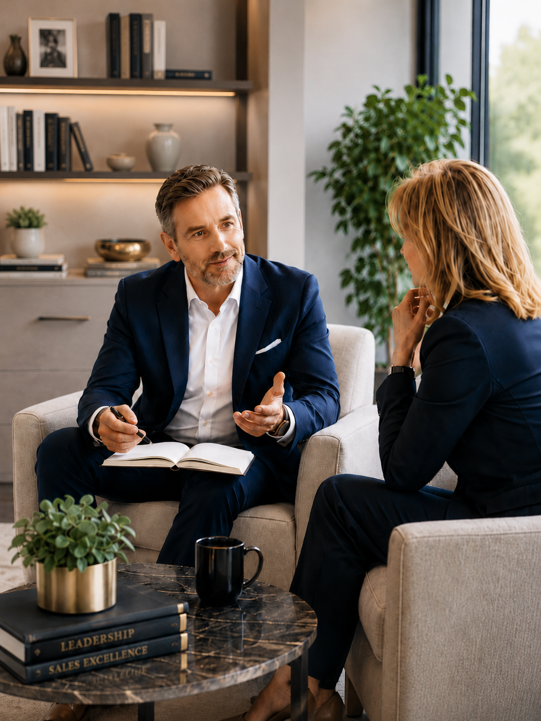 Leadership and sales coaching conversation in a modern office